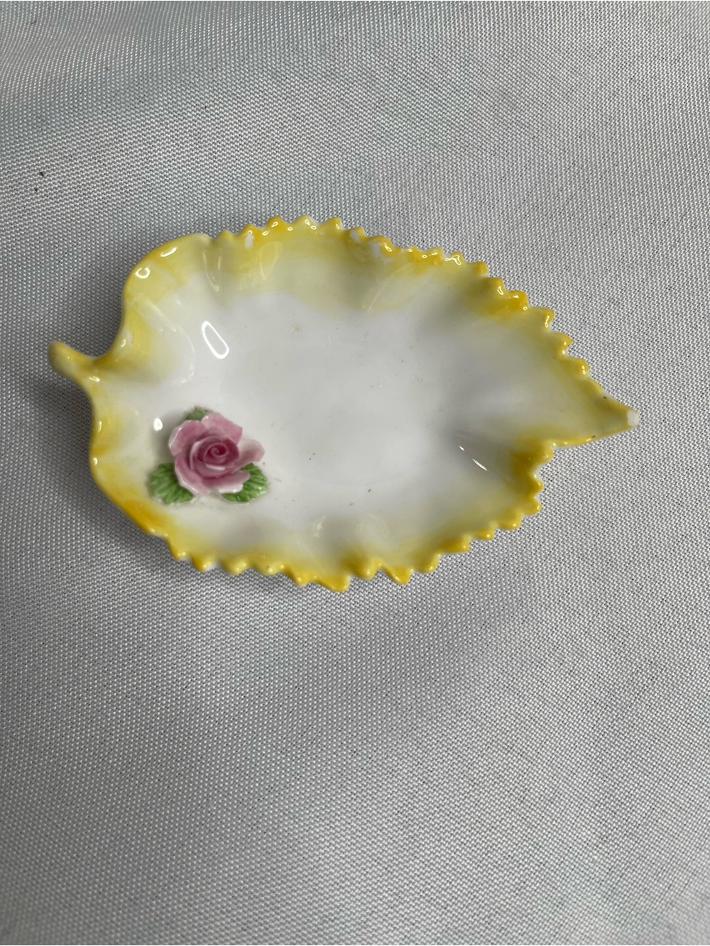 Vintage DentonPorcelain Leaf Dish with Pink Rose Accent - Yellow Trim